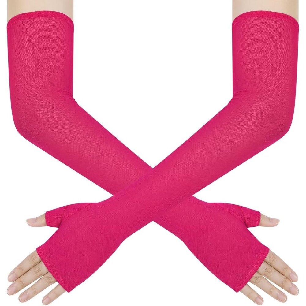 Women's Long Hot Pink Tulle Satin Gloves Elbow Length Wedding Party Costume